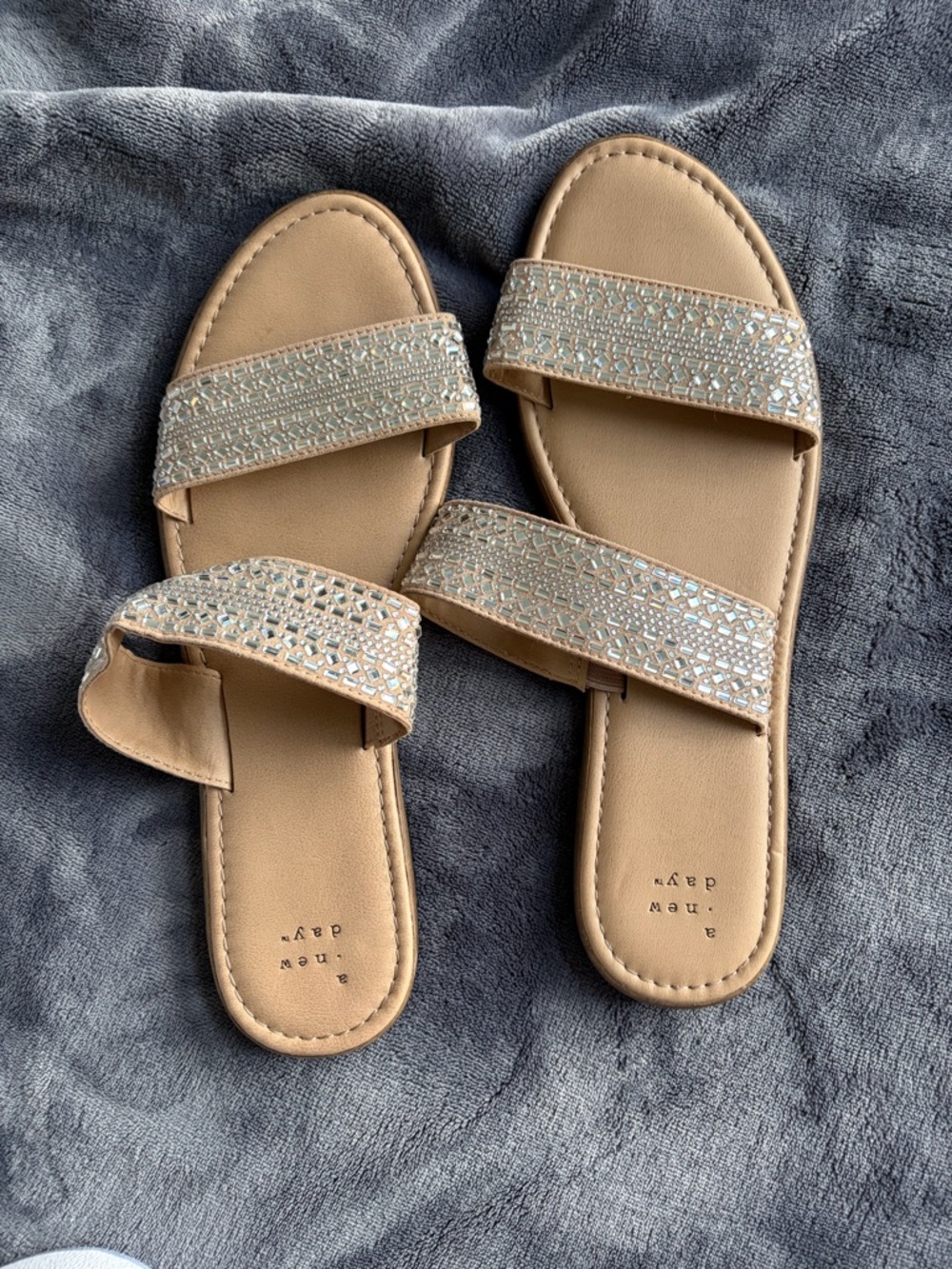a new day Tan Slide Sandals with Silver Rhinestone Straps